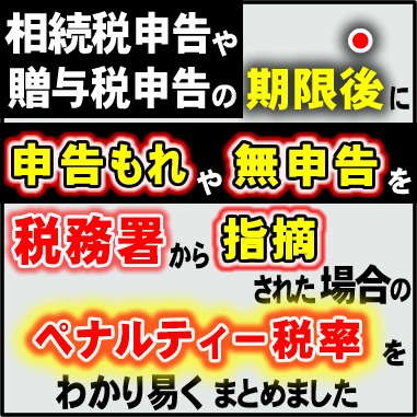 相続税申告や贈与税申告の期限後に申告もれや無申告を税務署から指摘された場合のペナルティー税率をわかり易くまとめました。