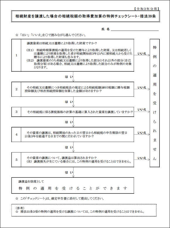 相続財産を譲渡した場合の相続税額の取得費加算の特例チェックシート・措法39条